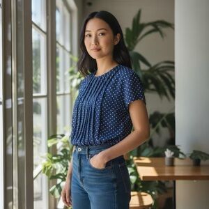 Vintage Jordan Blouse Womens Blue White Polka Dot Short Sleeve Retro Top 13/14